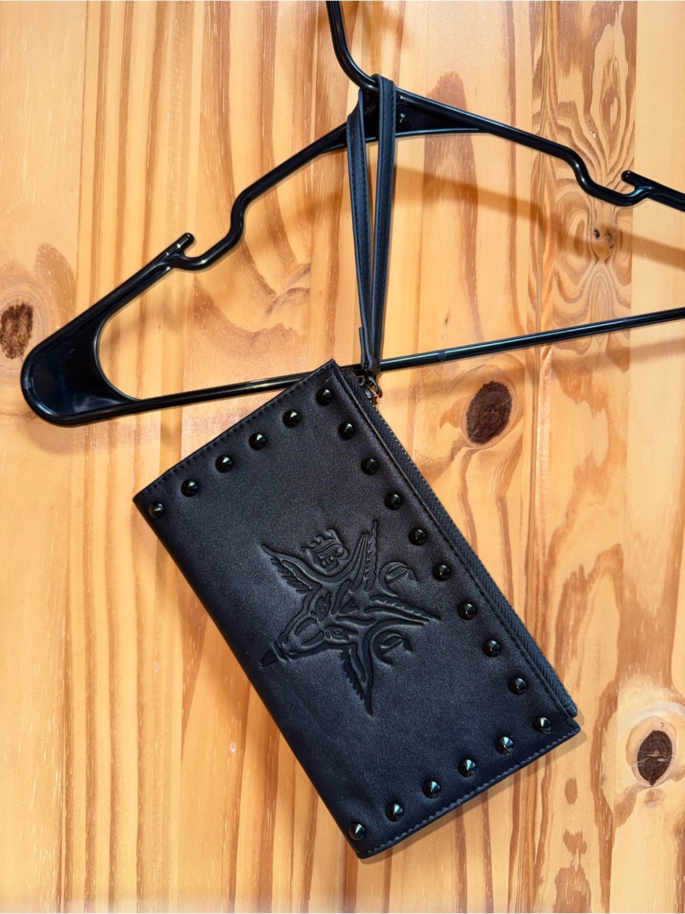 Black Studded Wristlet Card & Key Holder with Embossed Wing Design